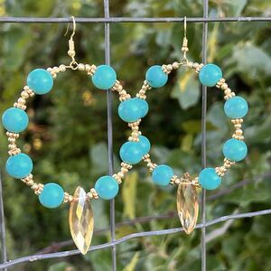 Handmade Large Blue Turquoise Stone‎ Beaded Drop Hoop Earrings Boho